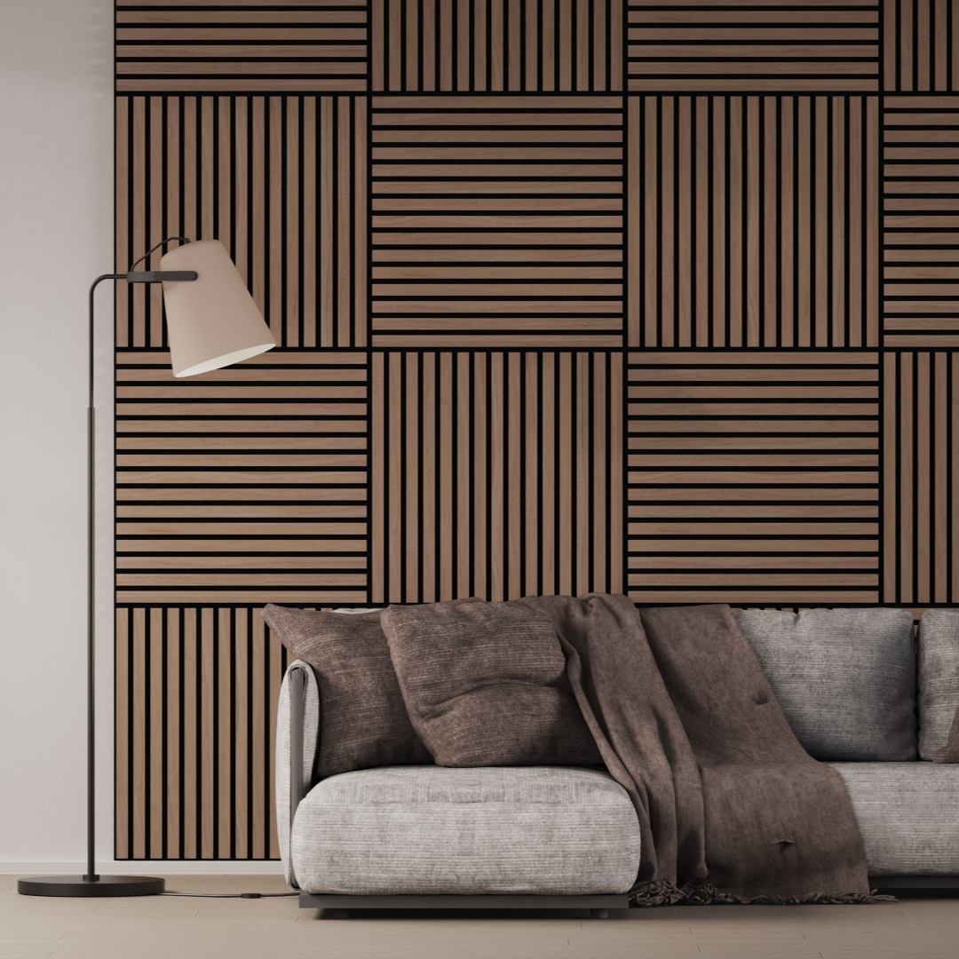 Panel Acústico Listones de Madera Enchapado Nogal 60x60cm