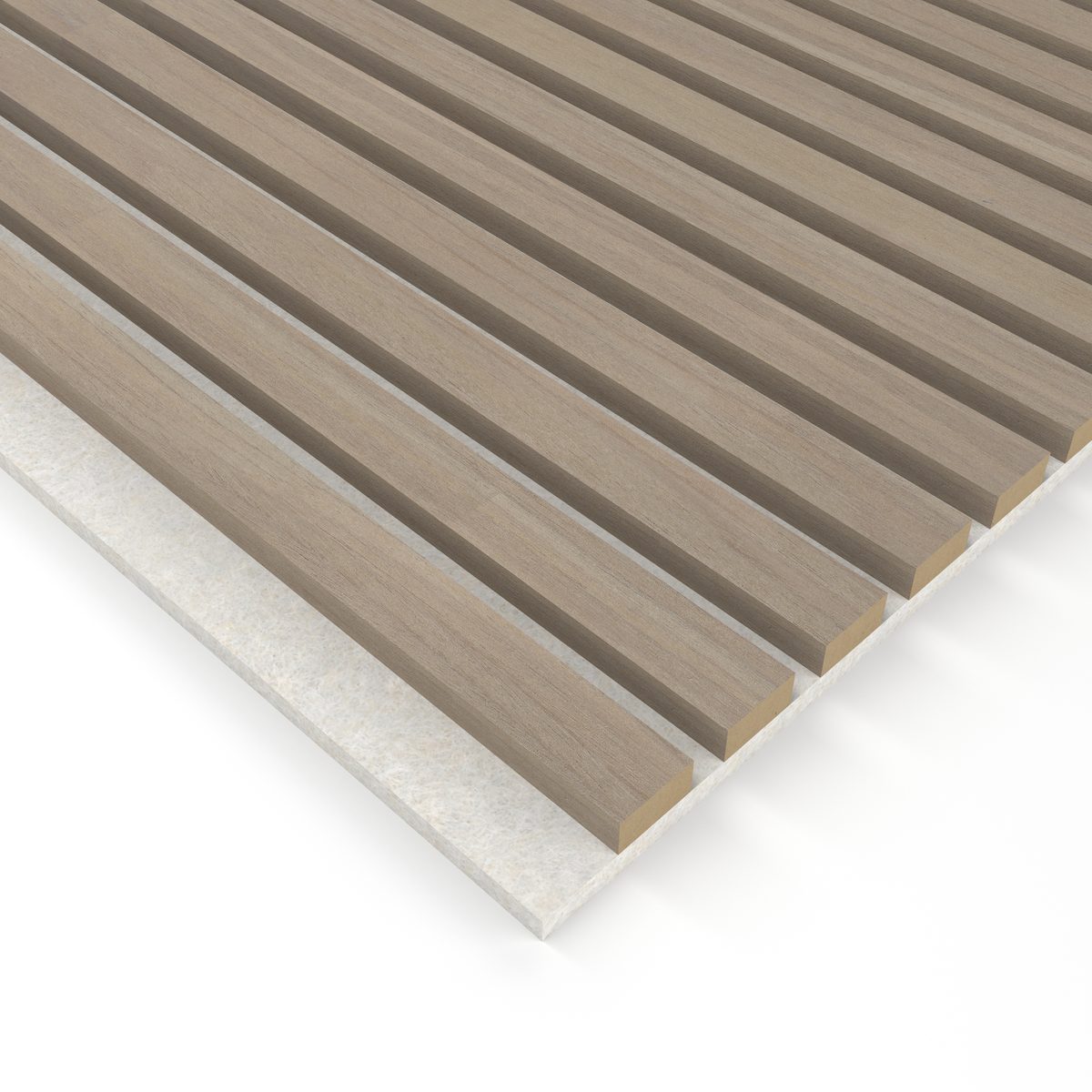 Wooden Panel: listones de madera natural Nogal sobre fieltro acústico PET Lino