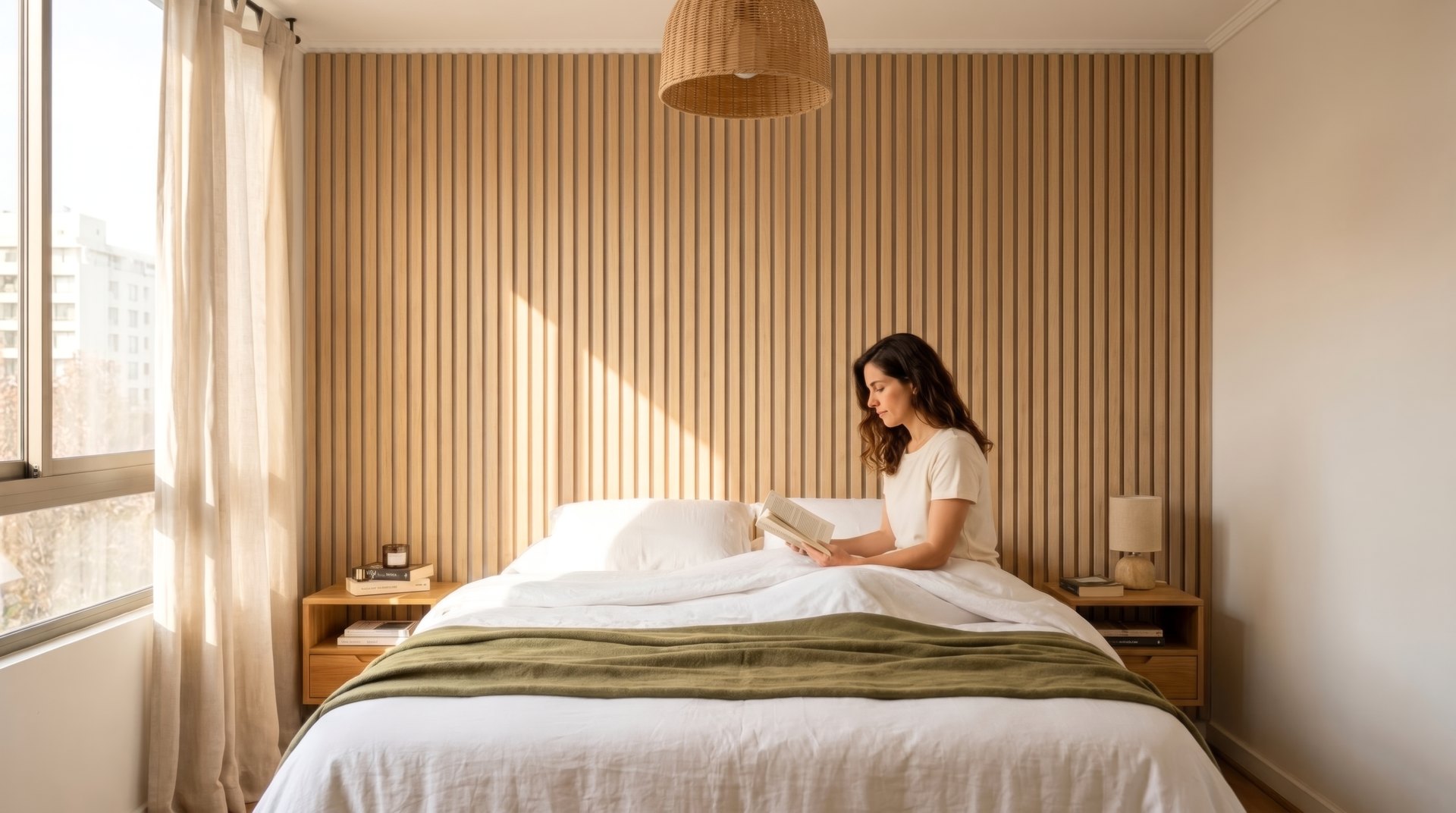 Dormitorio con respaldo de paneles acústicos Wooden Panel Roble sobre fieltro Lino