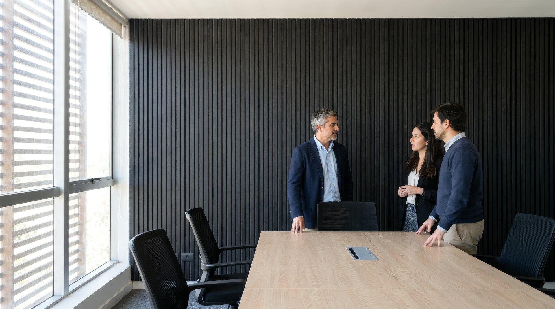 Sala de reuniones con muro de paneles acústicos Wooden Panel Encina Negra sobre fieltro Gris