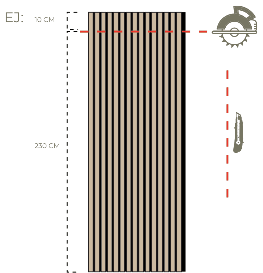 Corte de un panel de 240 cm a 230 cm de alto con sierra circular y del ancho con cuchillo cartonero