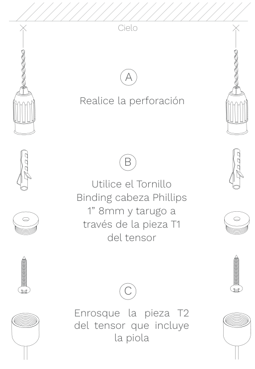 Perforación del cielo, tarugo y tornillo a través de la pieza T1, y pieza T2 con la piola