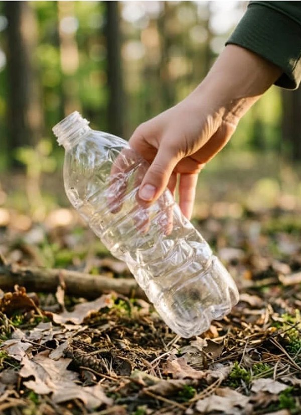 Mano recogiendo una botella plástica de PET
