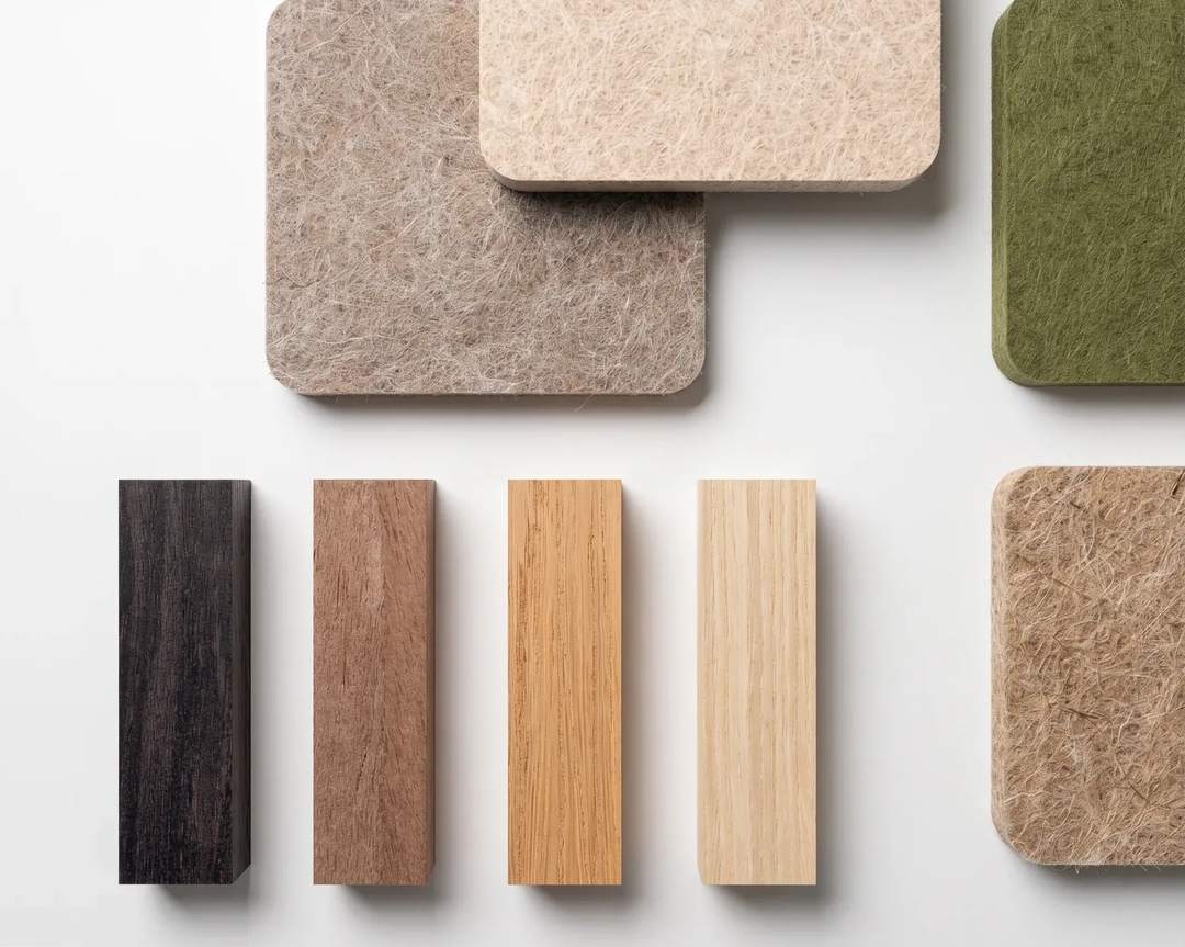 Muestras de fieltro PET acústico de colores junto a enchapes de madera