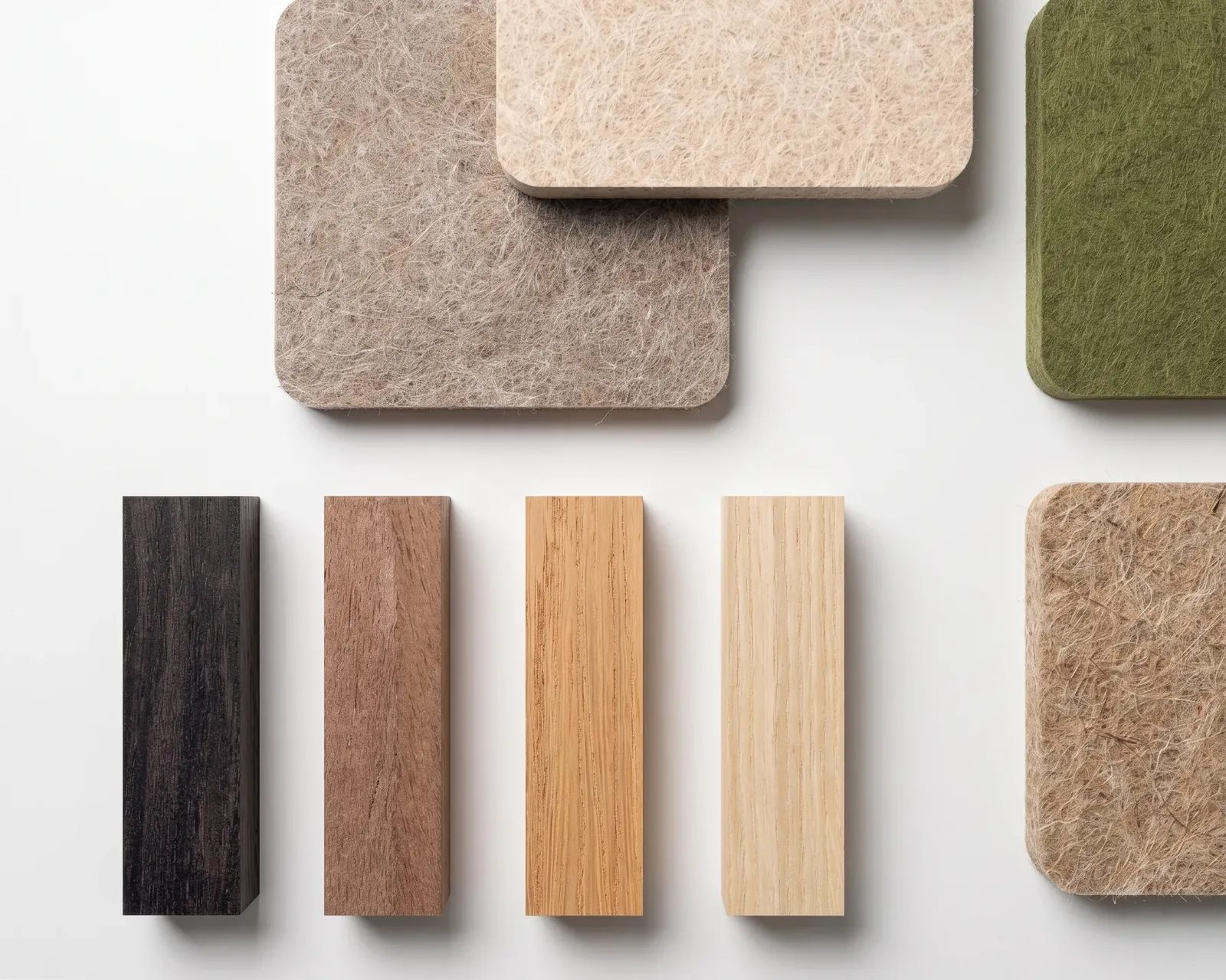 Listones de MDF pigmentado enchapados en madera junto a fieltros PET