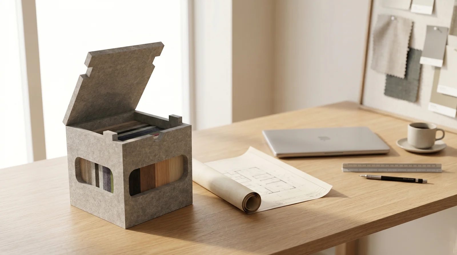 Kit de muestras sobre un escritorio junto a un plano