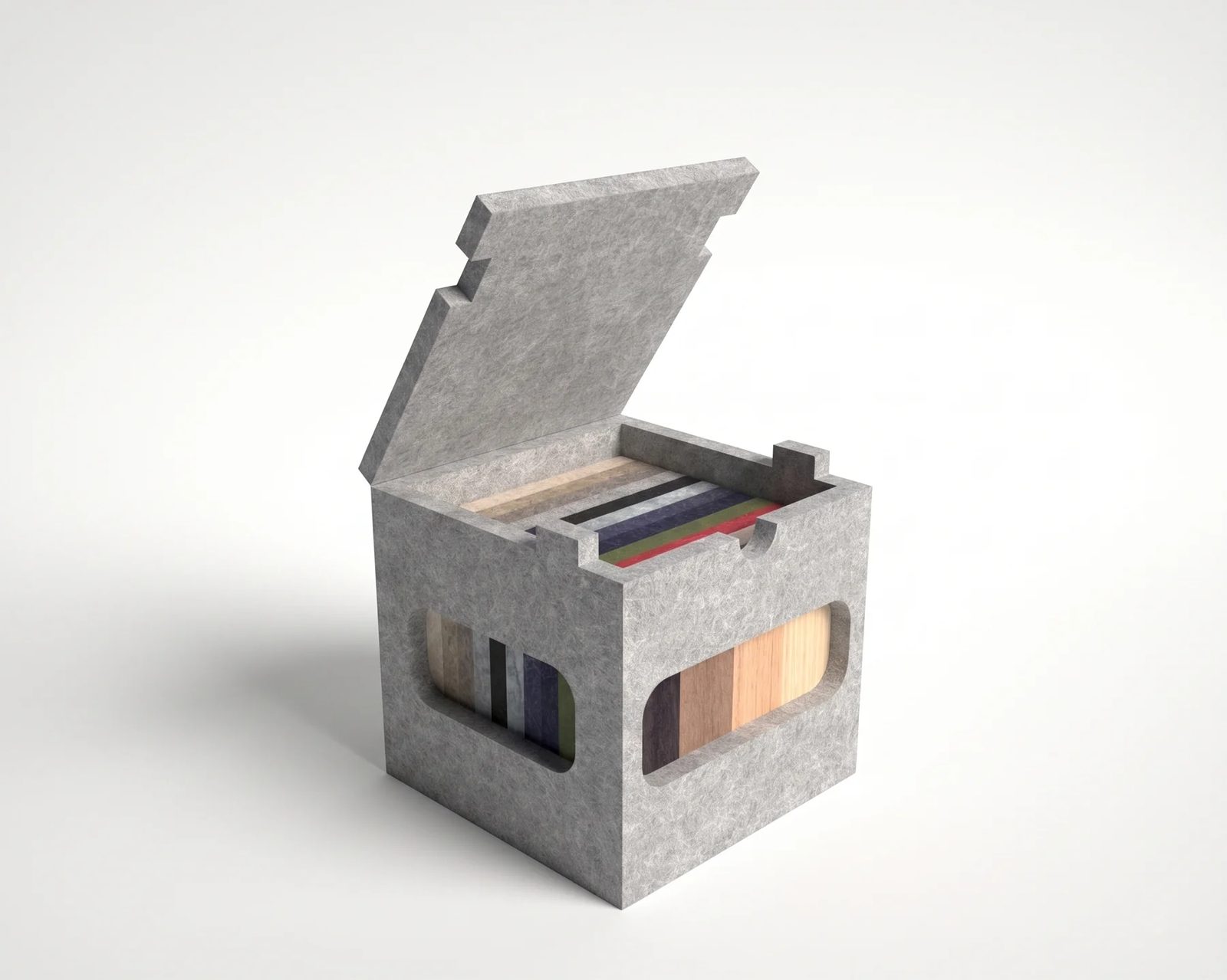 Kit de muestras Wooden Panel: caja de fieltro PET con fieltros de colores y enchapes de madera